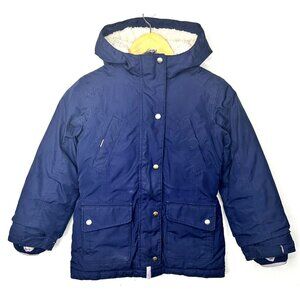 Lands End Kids Jacket Down Filled Sherpa Lined Hooded Grow-A-Long Coat Blue L